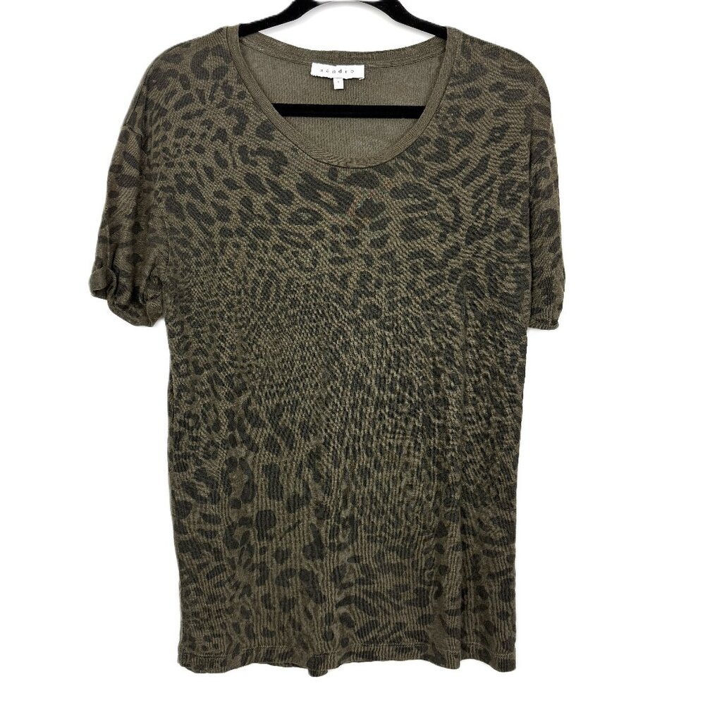 Sandro Linen Rolled Sleeve Relaxed Fit‎ Linen Tee Green Leopard Print Small